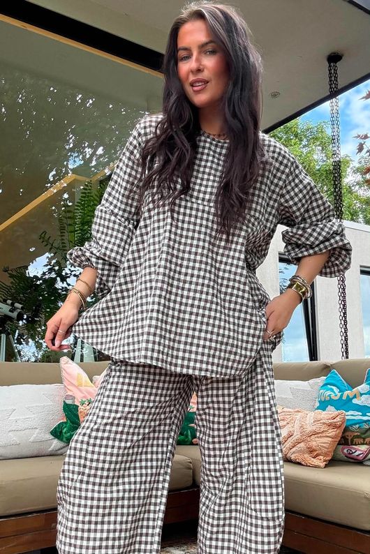 Nonni Gingham 7/8 Barrel Pant Chocolate